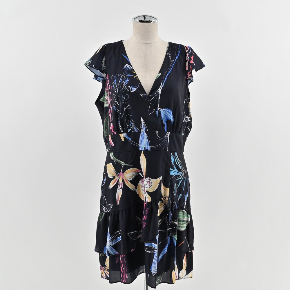 Parker COSMIC FLEUR Ruffle Mini Dress Size L Black Floral Romantic Sleeveless